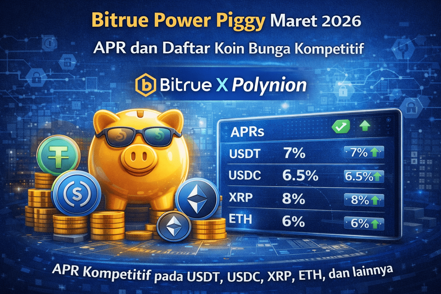 Update Bitrue Power Piggy Maret 2026 dan daftar koin dengan APR kompetitif termasuk USDT, USDC, XRP, dan ETH.